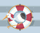 Stork in Lifebuoy Vector