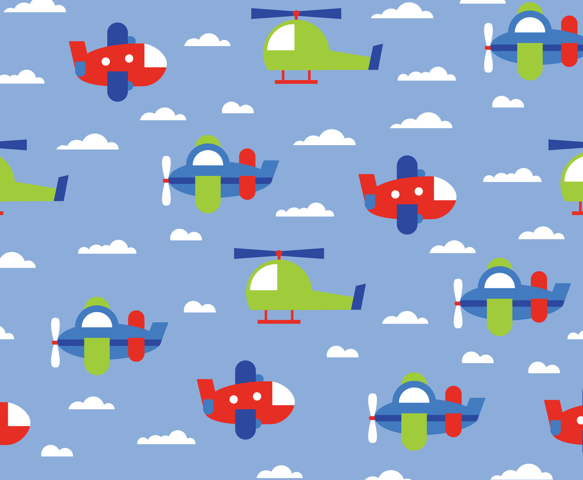 Vector hand-drawn seamless repeating children simple pattern with aircraft,  clouds, moon and stars in Scandinavian style on a white background.Kids  seamless pattern with planes. Funny airplanes. Stock Vector
