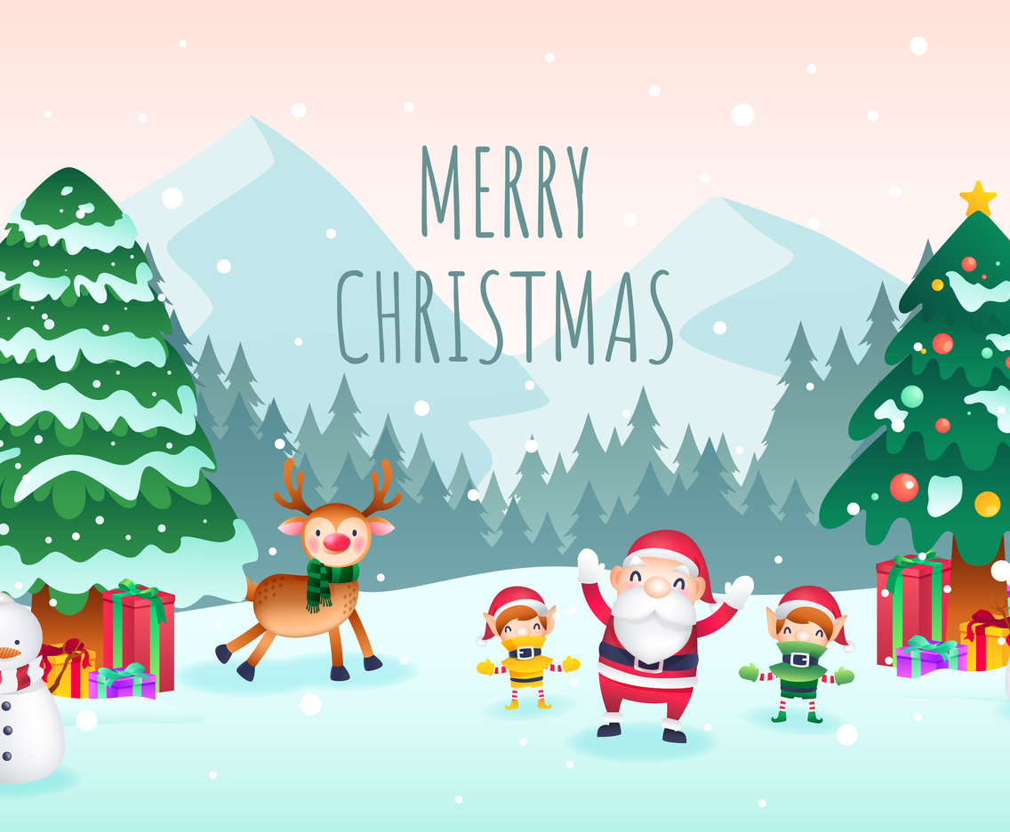 Santa With His Helpers Say Merry Christmas To You. Vector Art
