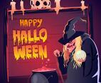 Happy Halloween Card with Witch and Cauldron