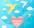 Beautiful Blue Sky with Origami Birds and Clouds