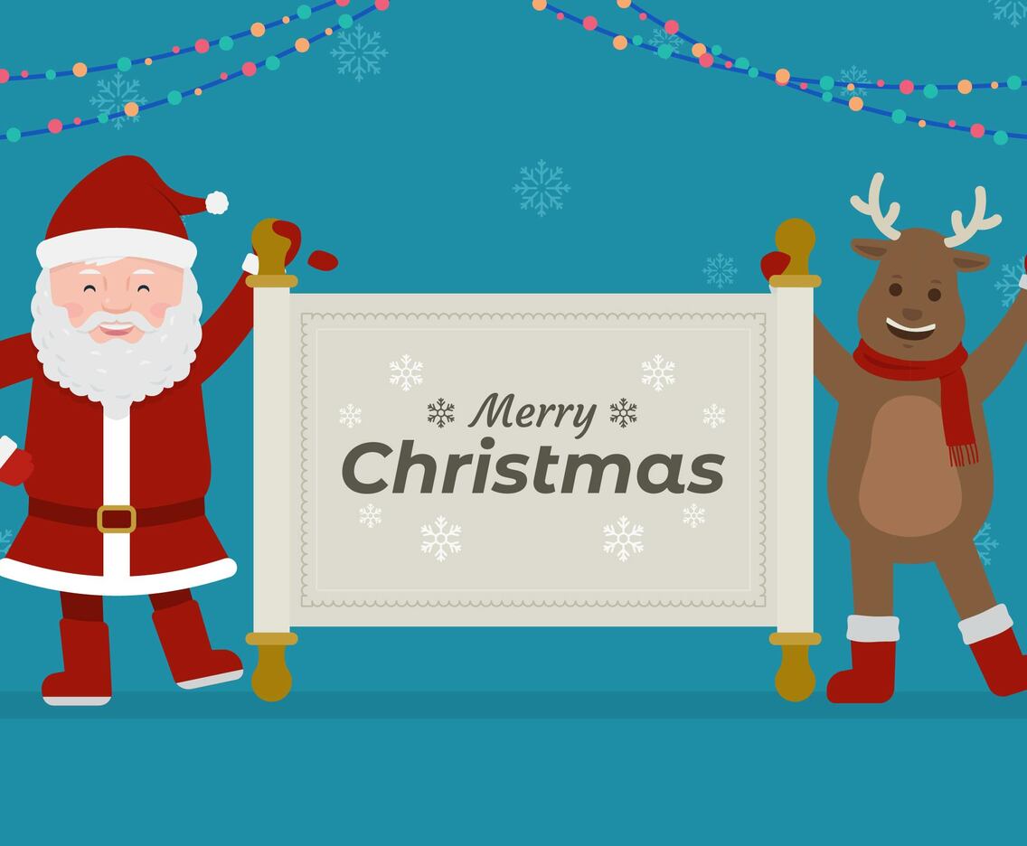 Santa and Reindeer Holding Christmas Greeting
