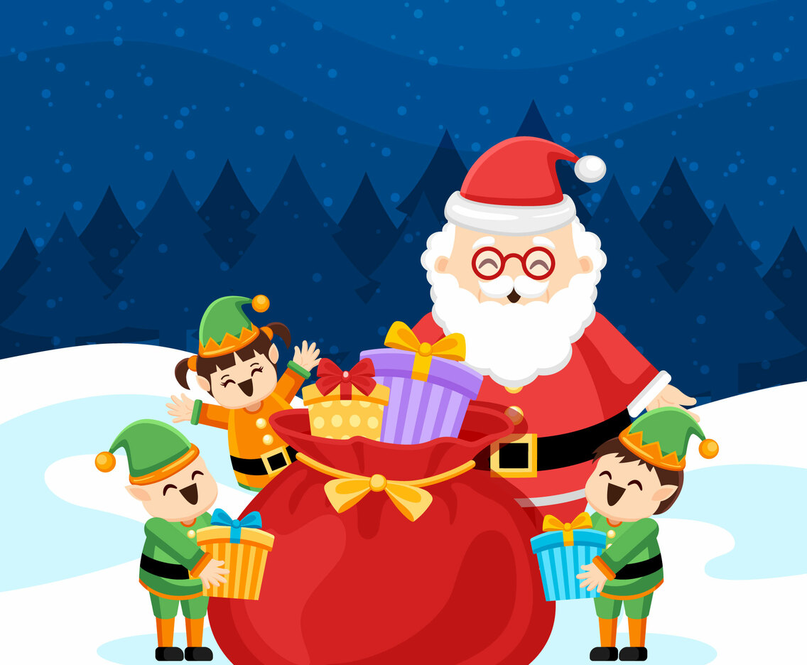 Joyful Santa Prepares Christmas Gifts with His Helpers