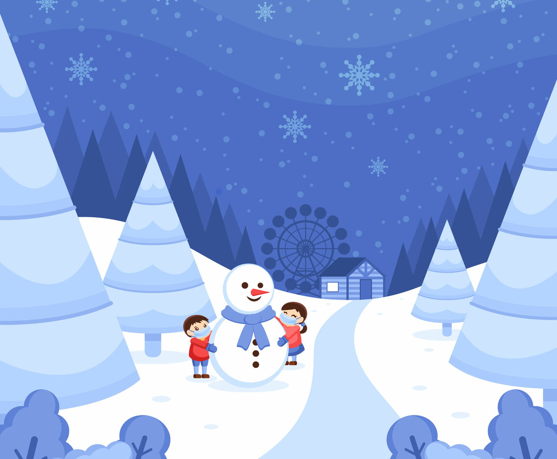 Winter Wonderland Landscape with Children Playing Snow