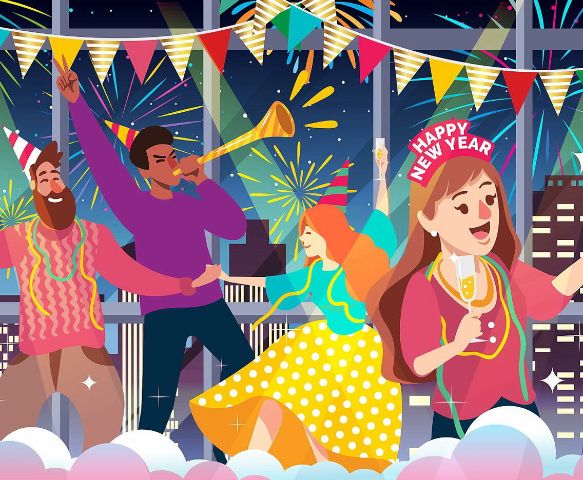 People Celebrating New Year Indoor Party Illustration