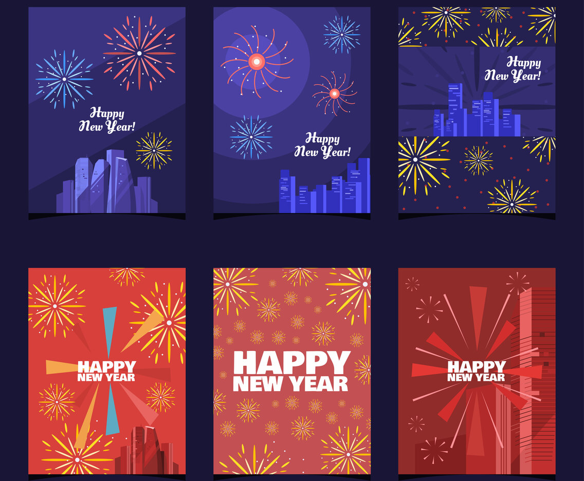 Fireworks on Top Buildings Concept New Year Cards