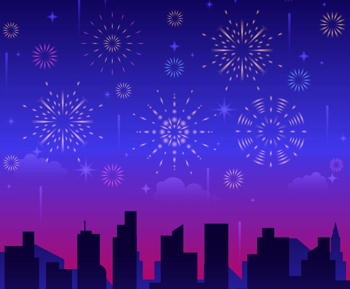 Blue Fireworks with City Silhouette