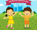 Happy Down Syndrome Boy and Girl Play in Park with Cities Background on Blue Sky Day