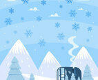 Flat Design Snowflakes Rain and A House Scenery