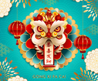 Gong Xi Fa Cai Lion Dance Head with Lanterns Concept