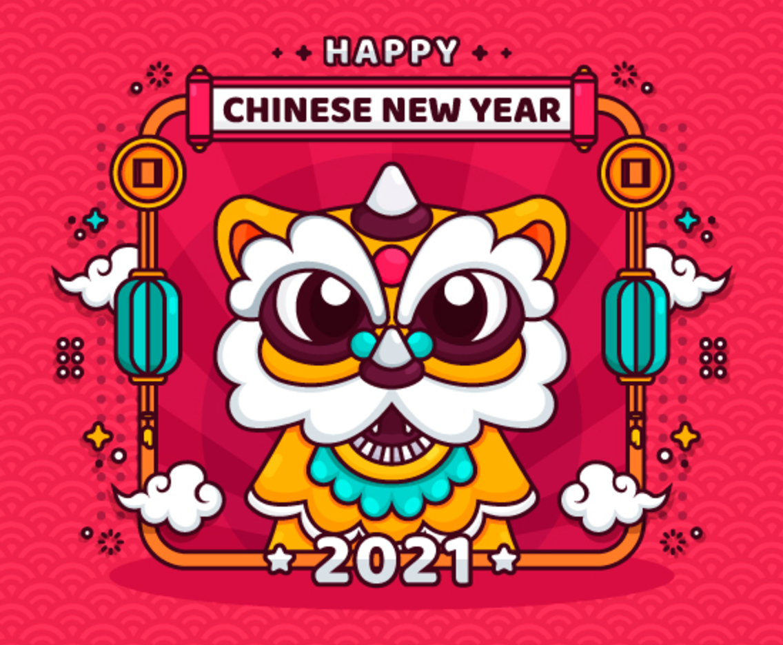 Chinese New Year Greeting with Cute Dancing Lion