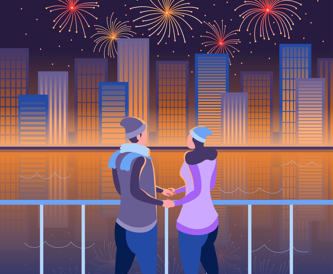 A Romantic Couple Watching Fireworks by Riverside