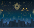 New Year Fireworks Celebration with Night Cityscape Scenery