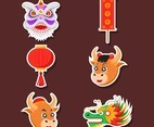 Set of Sticker Containing of Six Chinese New Year Attributes