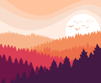 Flat Forest Landscape With Sunset Background