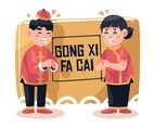 Two Happy Kids Saying And Celebrating Gong Xi Fa Cai Illustration