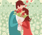 Flat Illustration of A Kissing Couple Holding Flower Bouquet