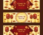 Gong Xi Fa Cai Banner Collection with Lantern and Flower Ornament Composition