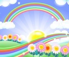 Colourful bright rainbow background with flowers field illustration