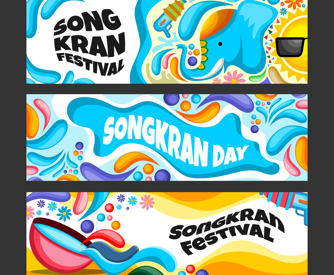 Cartoon Songkran Water Festival Banner Set