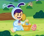 Kid Wears Easter Bunny Costume Hold Egg Basket in The Park Concept