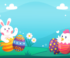 Cute rabbit and chicks on easter day background