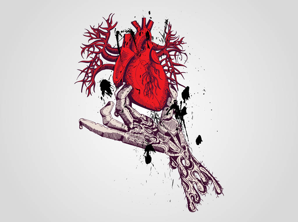 skeleton hand holding heart drawing