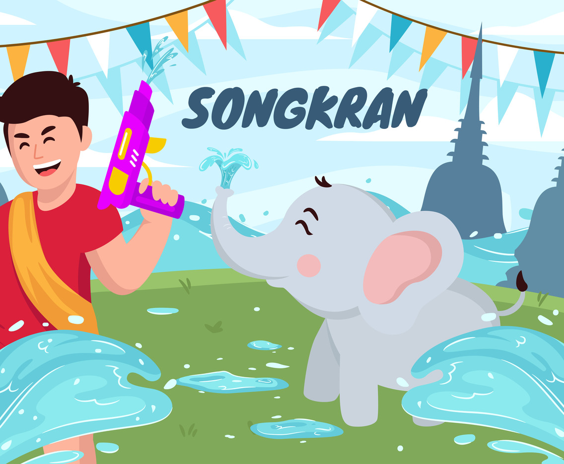 Songkran Festival with Happy Kids and Elephant