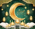 Eid Mubarak with Crescent Moon and Mosque