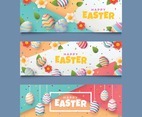 Set of Easter Banner with Colorful Eggs and Flower