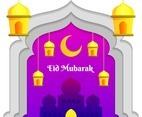 Simple Eid Mubarak with Mosque and Lantern