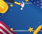 Labor Day Background with Worker Equipment and Waving US Flag
