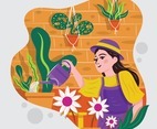Girl Gardening And Watering Plants And Flowers