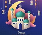 Happy Eid Mubarak Greeting with Mosque and Lanterns