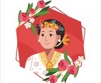 Kartini Portrait With Flower Crown And Floral Wreath