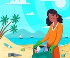 Woman Clean Beach From Trash