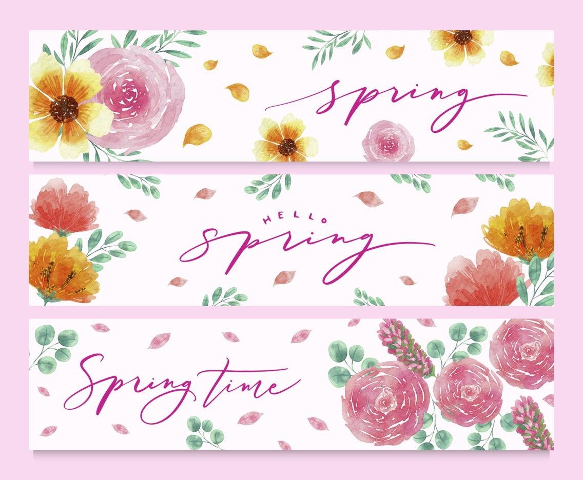 Watercolor Hello Spring Banner With Floral And Foliages