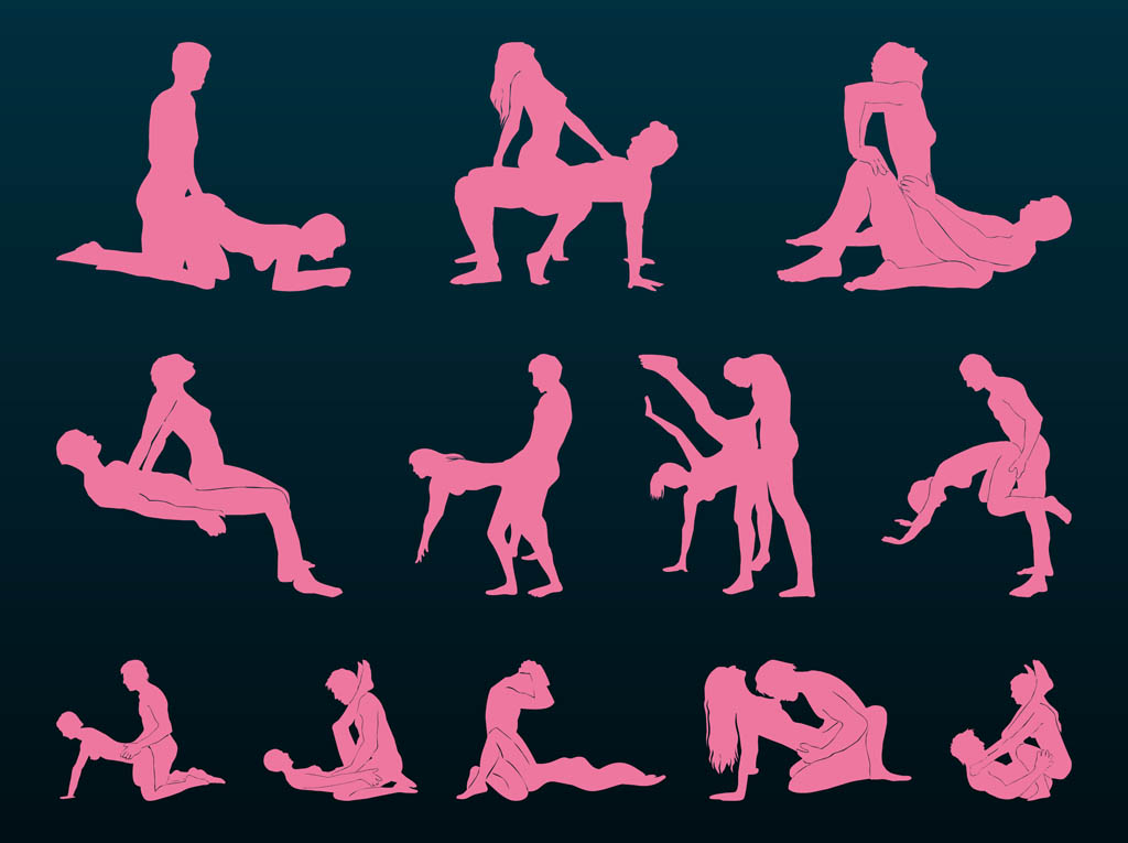 Silhouettes of couples having sex, men and women in many different position...