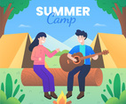Summer Camp with Couple Sitting Near Bonfire