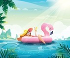 Girls Enjoy Summer Vacation on Flamingo Floater