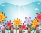 Wood Fence with Flowers and Sky Background