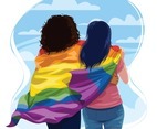 Lesbian Couple Hugging with Pride LGBTQ Flag