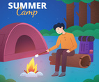 Summer Camp with Man Sitting Near Bonfire