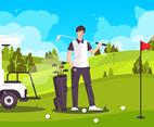Golfer and His Golf Clubs at the Golf Court