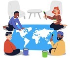 Group of People from Different Races Coloring World Map