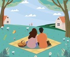 Couple Picnic On A Green Grass Looking To The Sky Concept