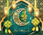Happy Eid Mubarak with Moon and Ketupat