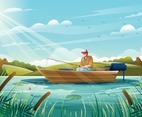 Man Sitting In a Boat and Fishing in Summer Lake