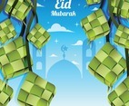 Eid Mubarak with Ketupat and Mosque Template