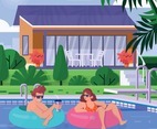 Man and Woman Swimming In The Pool On Sunny Day Concept